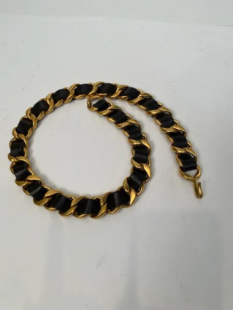 95A Chanel Vintage Rare black leather gold metal chain belt necklace Accessory Small Sz 2