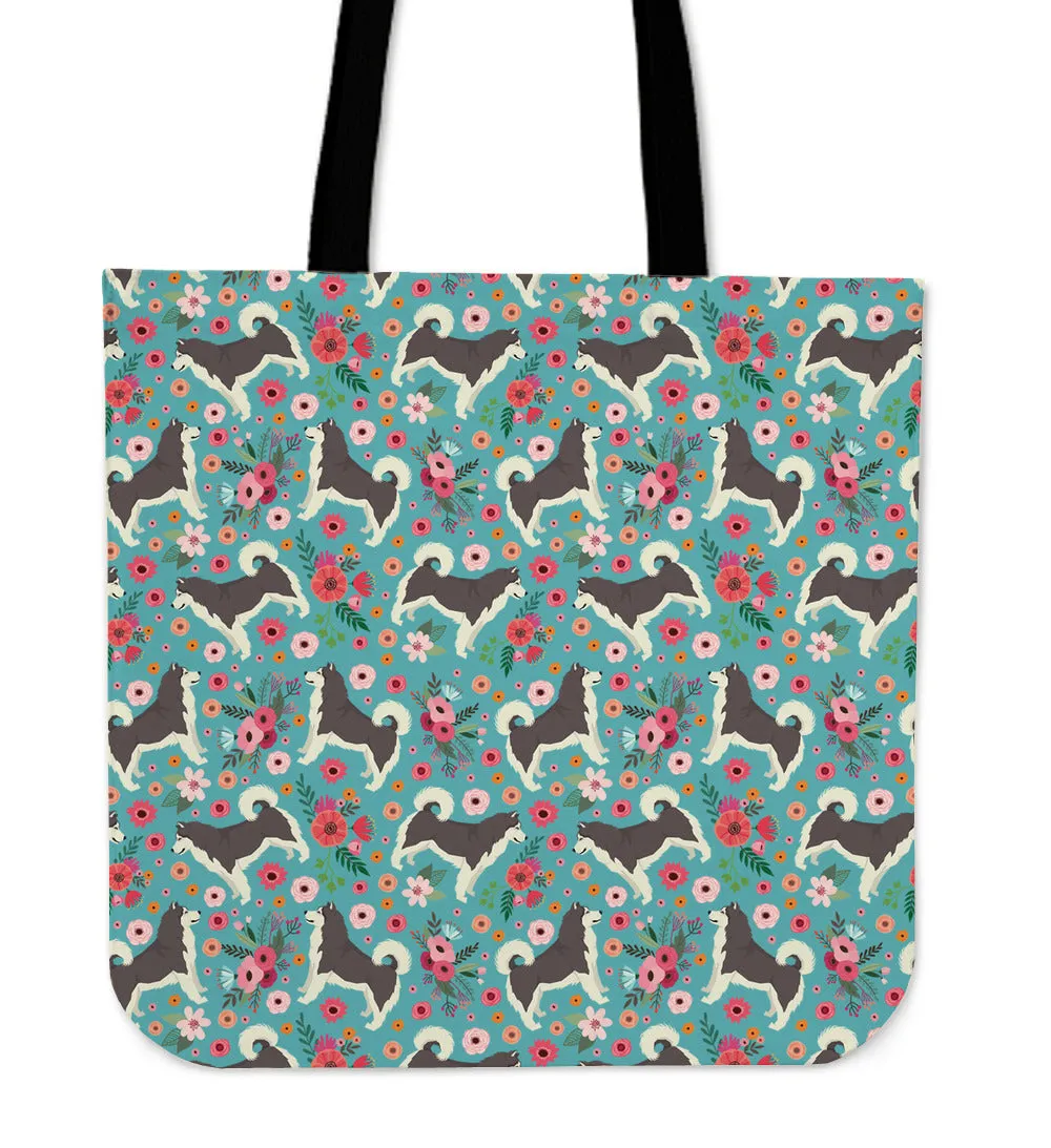 Alaskan Malamute Flower Linen Tote Bag