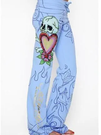 Amazing Skull Pattern Hem Wide Leg Bottom Casual Pants