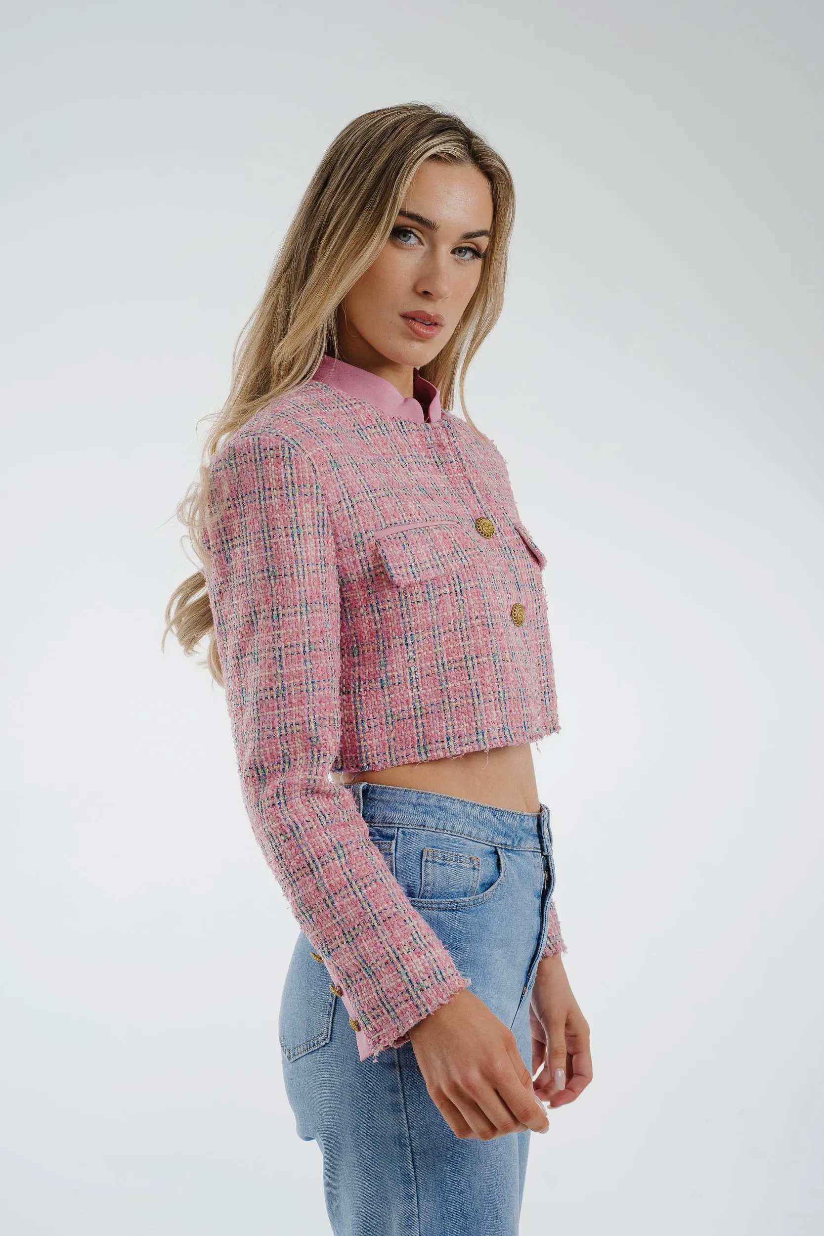 Arabella Crop Tweed Blazer In Pink