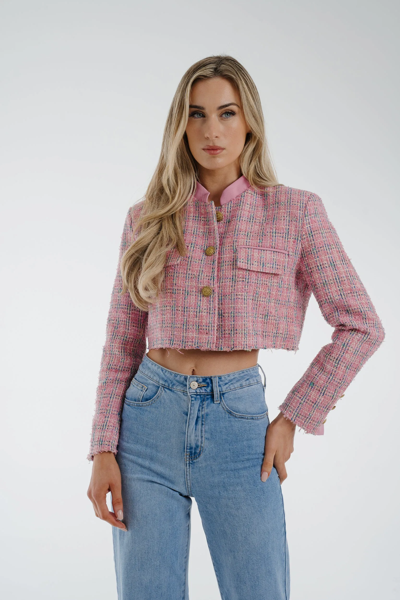 Arabella Crop Tweed Blazer In Pink