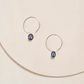 Basic Silver Hoop Earrings - Black Pearl - 24mm