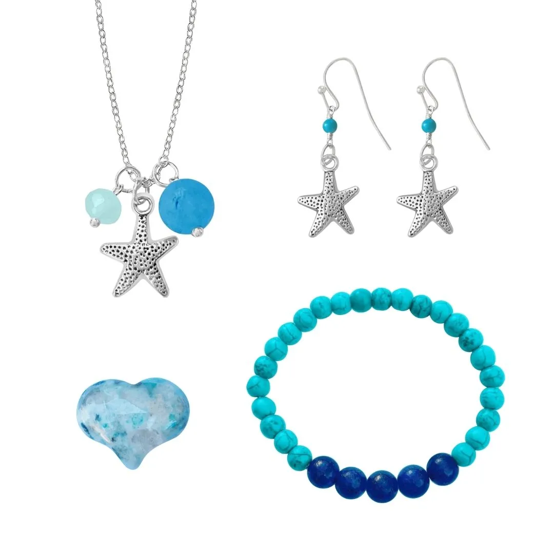 Beach Themed Jewelry Set for Kids with an Ocean Planet Bracelet and Starfish Necklace Earring Combo