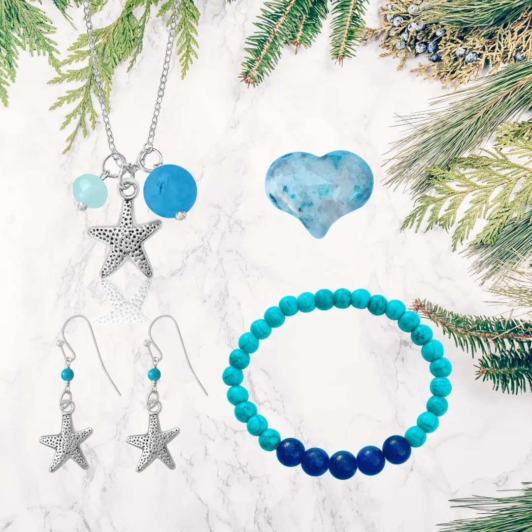 Beach Themed Jewelry Set for Kids with an Ocean Planet Bracelet and Starfish Necklace Earring Combo