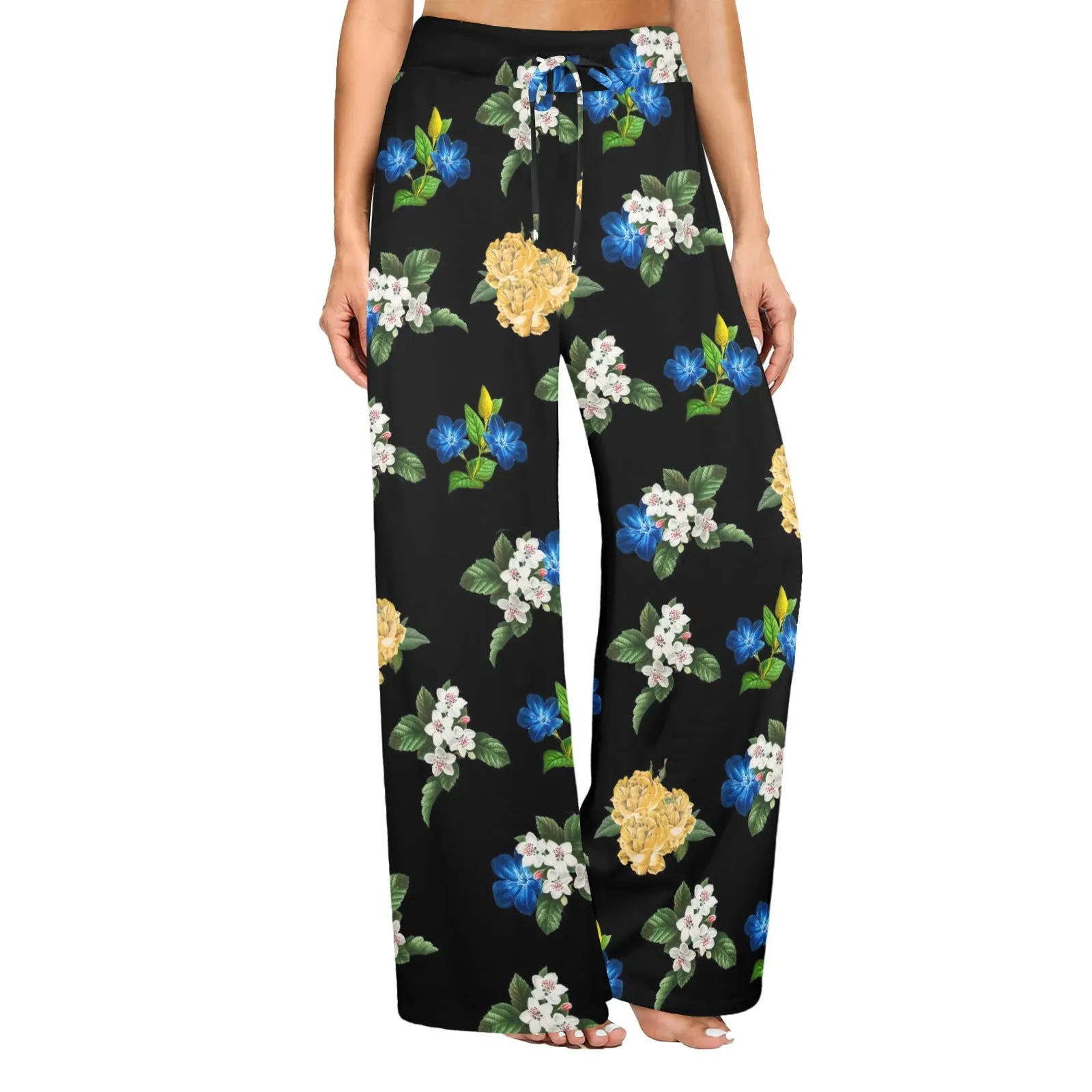 black back med size blue gold white floral print Women's Wide Leg Lounge Pants (Model L77)