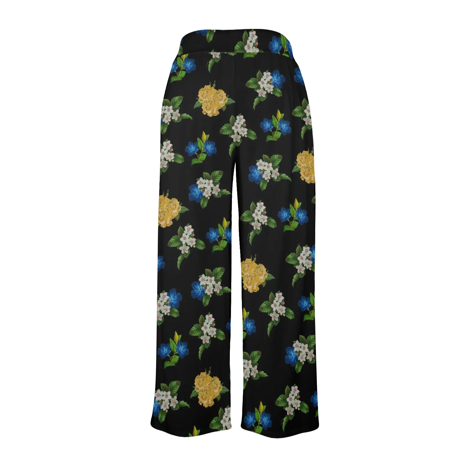 black floral blue gold white print 2 Women's Wide Leg Lounge Pants (Model L77)