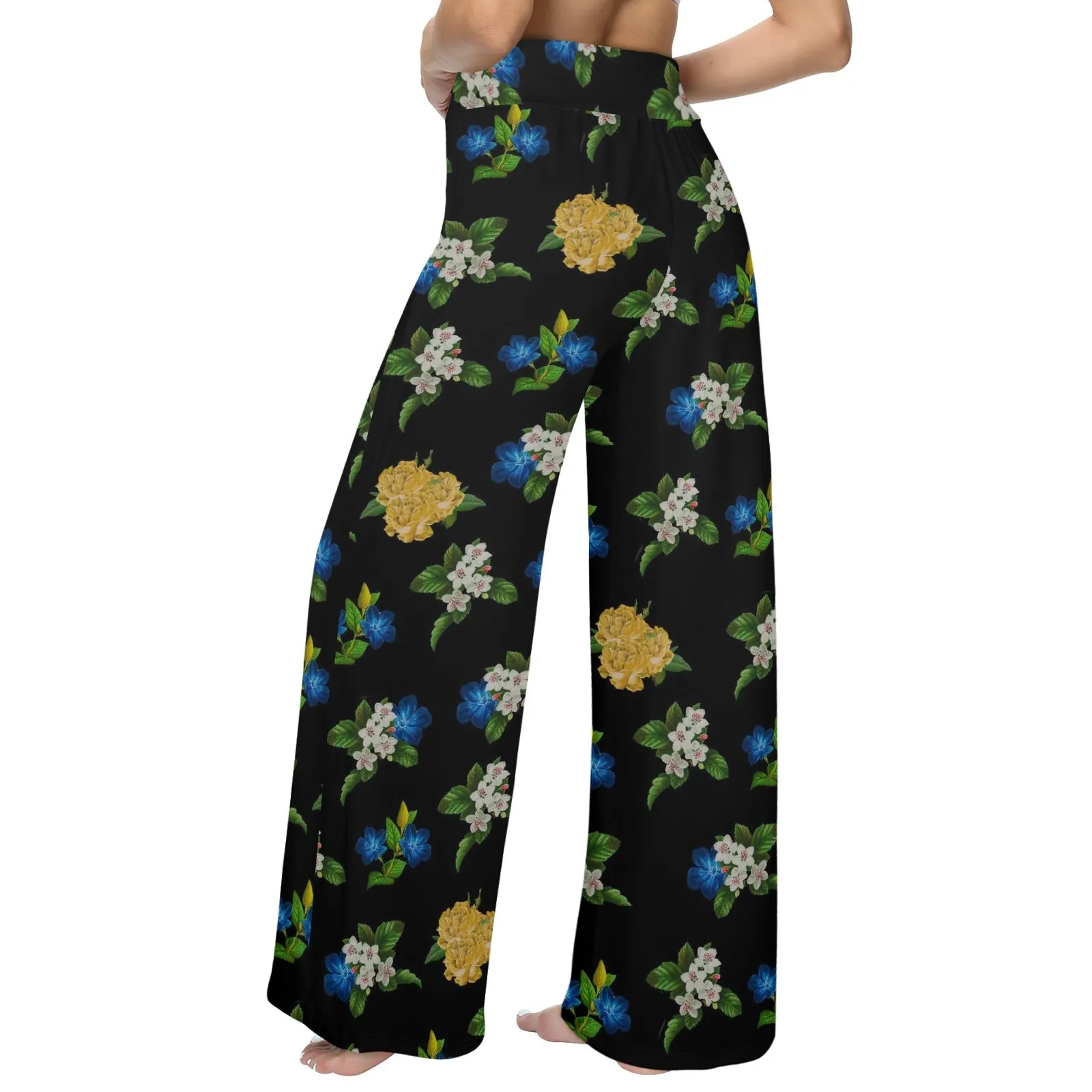 black floral blue gold white print 2 Women's Wide Leg Lounge Pants (Model L77)