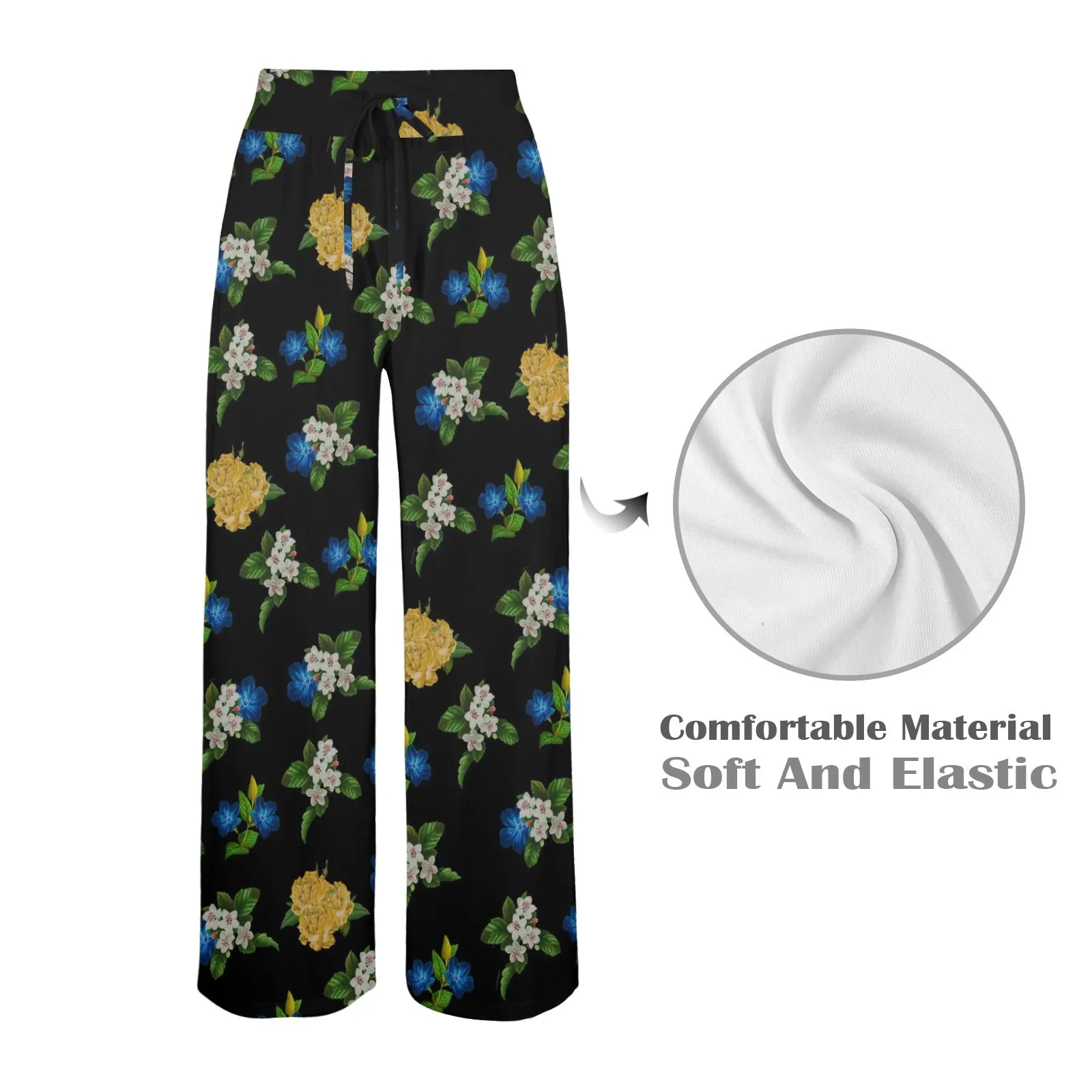 black floral blue gold white print 2 Women's Wide Leg Lounge Pants (Model L77)