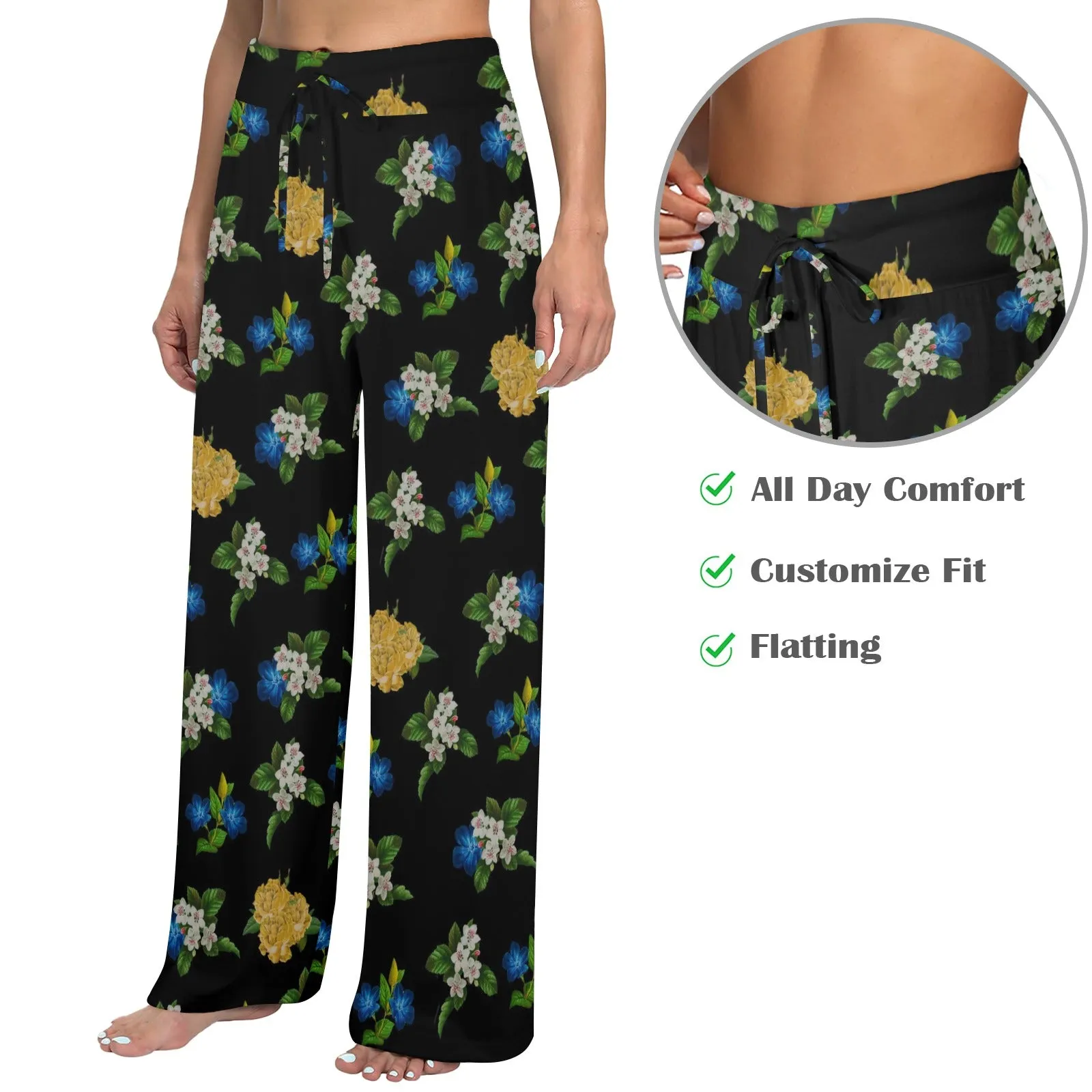 black floral blue gold white print 2 Women's Wide Leg Lounge Pants (Model L77)