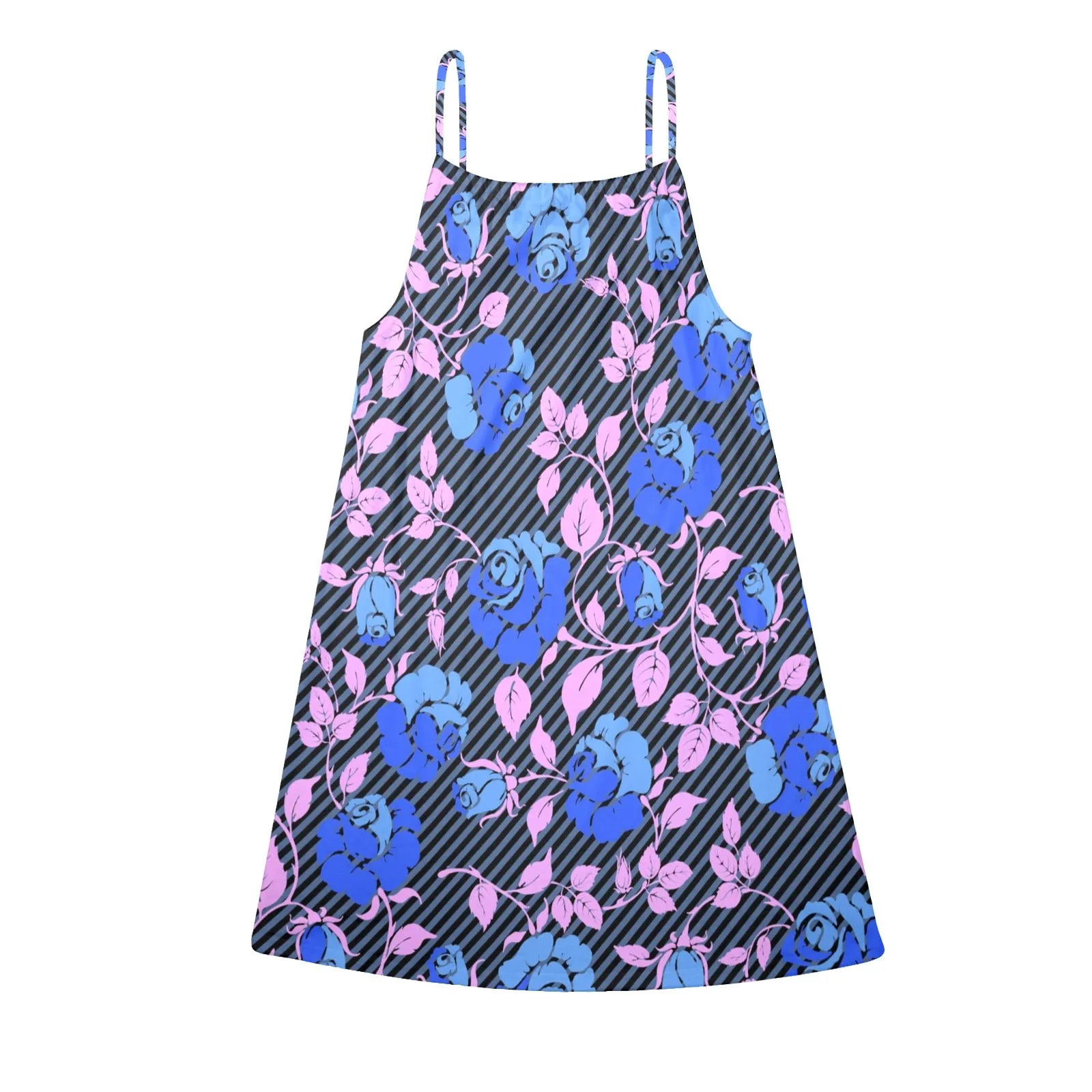 BLUE PINK ROSE PRINT copy Drawstring Neck Sleeveless Dress (Model D68)