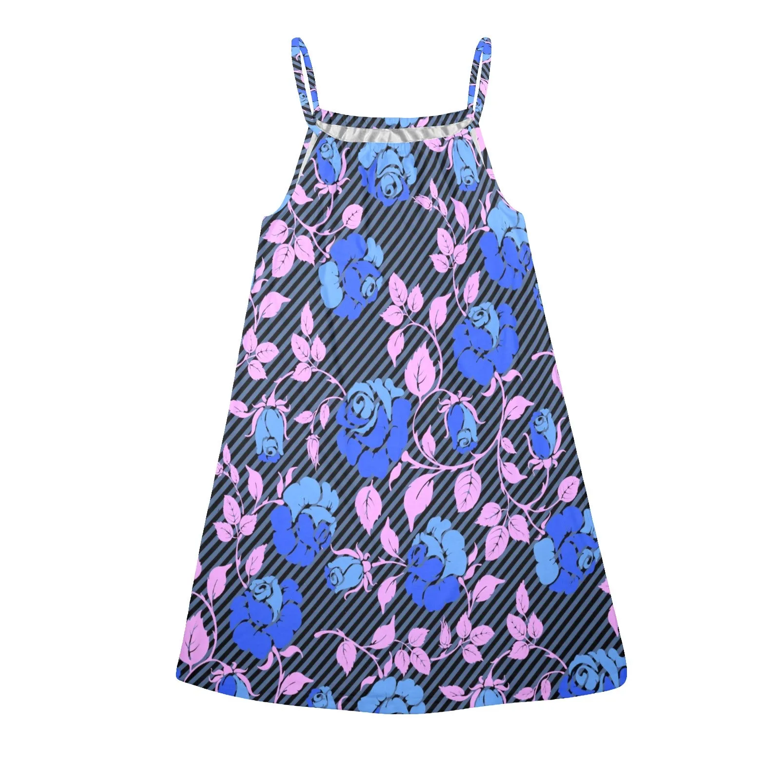 BLUE PINK ROSE PRINT copy Drawstring Neck Sleeveless Dress (Model D68)