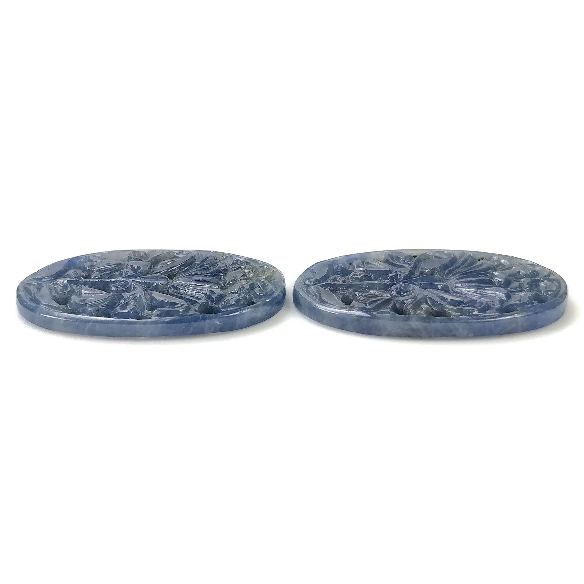 BLUE SAPPHIRE Gemstone Carving : 51.50cts Natural Untreated Unheated Sapphire Hand Carved Oval Shape 33.5*22mm Pair (With Video)