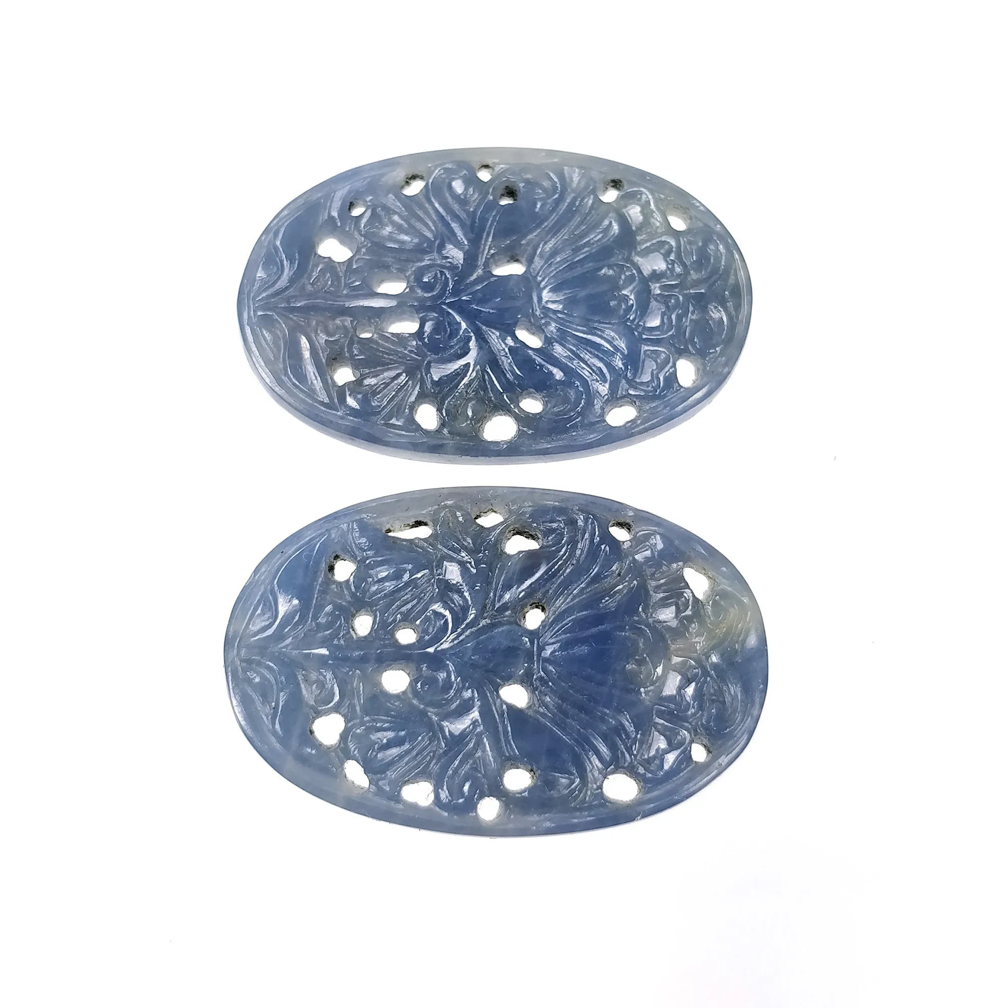 BLUE SAPPHIRE Gemstone Carving : 51.50cts Natural Untreated Unheated Sapphire Hand Carved Oval Shape 33.5*22mm Pair (With Video)