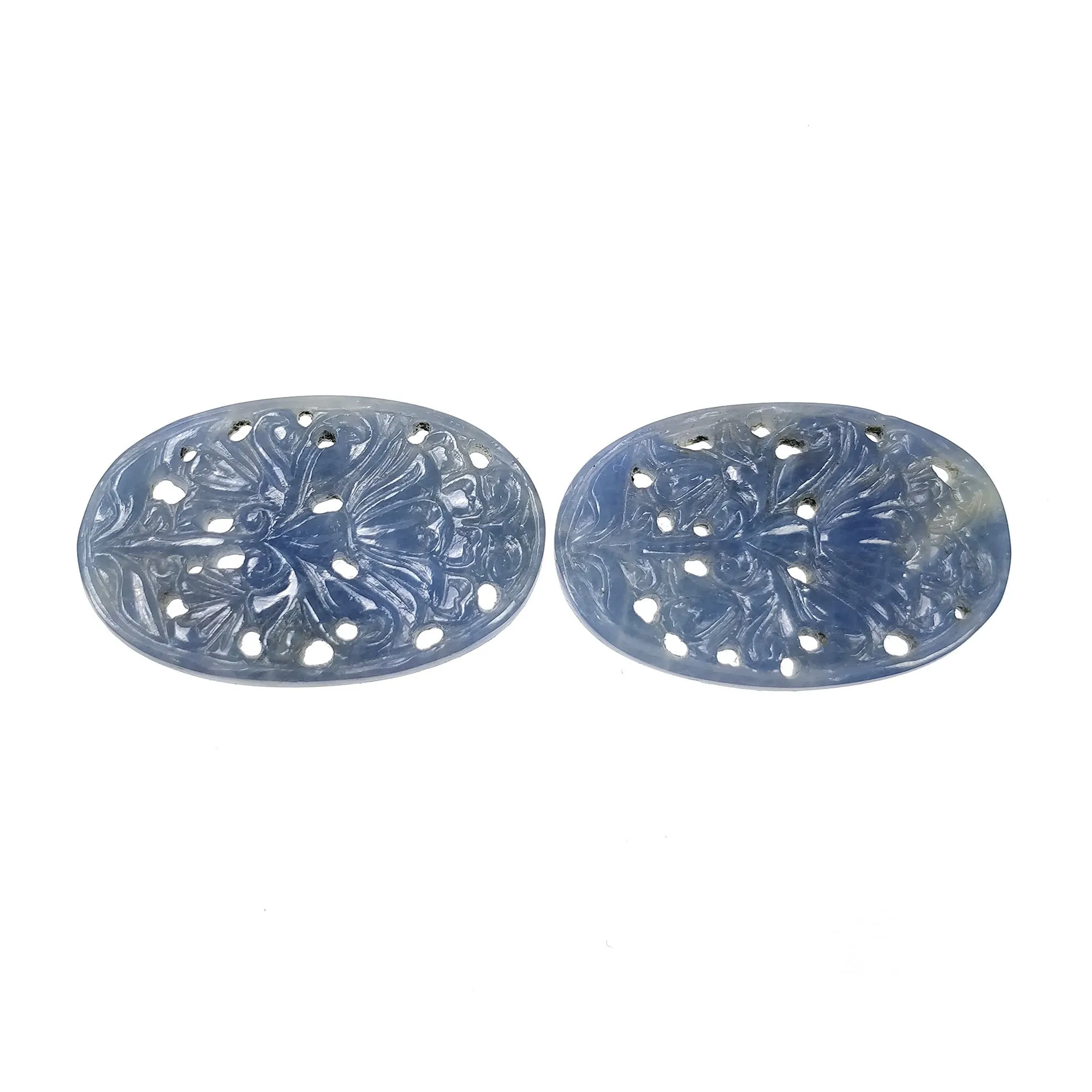 BLUE SAPPHIRE Gemstone Carving : 51.50cts Natural Untreated Unheated Sapphire Hand Carved Oval Shape 33.5*22mm Pair (With Video)