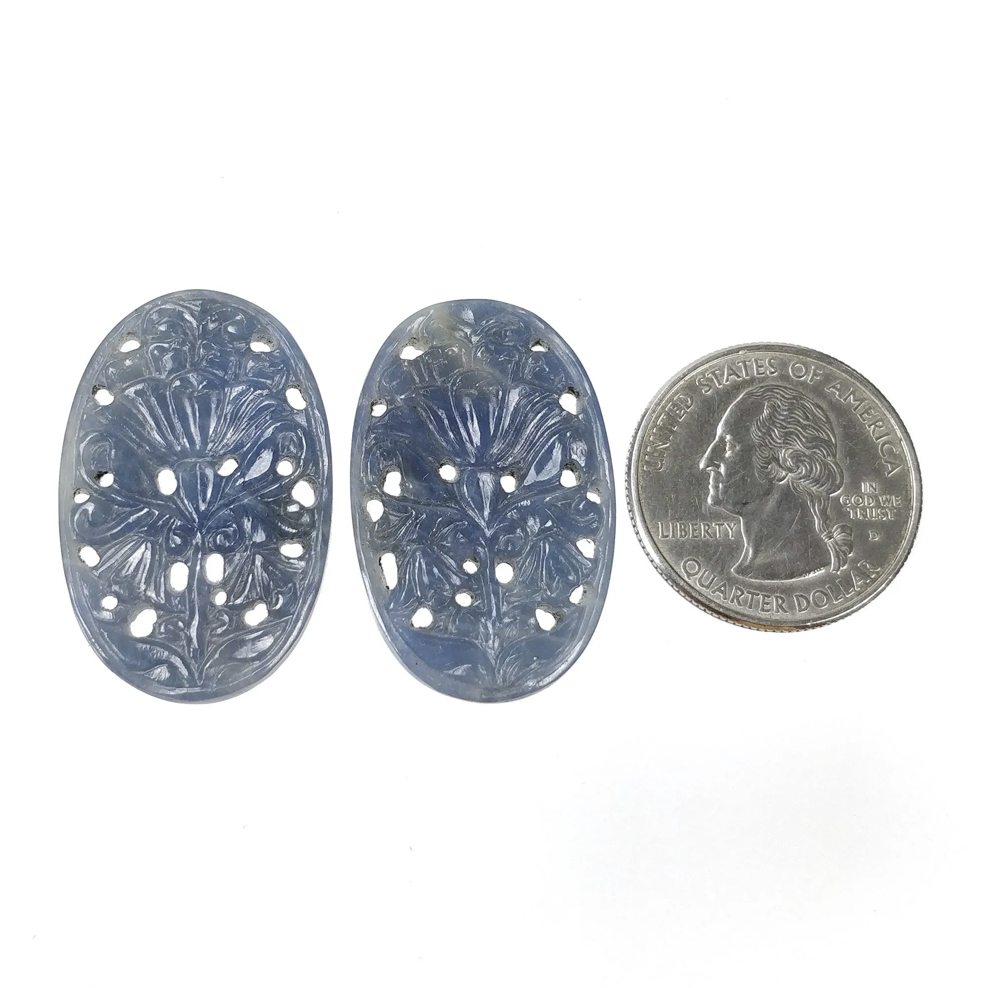 BLUE SAPPHIRE Gemstone Carving : 51.50cts Natural Untreated Unheated Sapphire Hand Carved Oval Shape 33.5*22mm Pair (With Video)