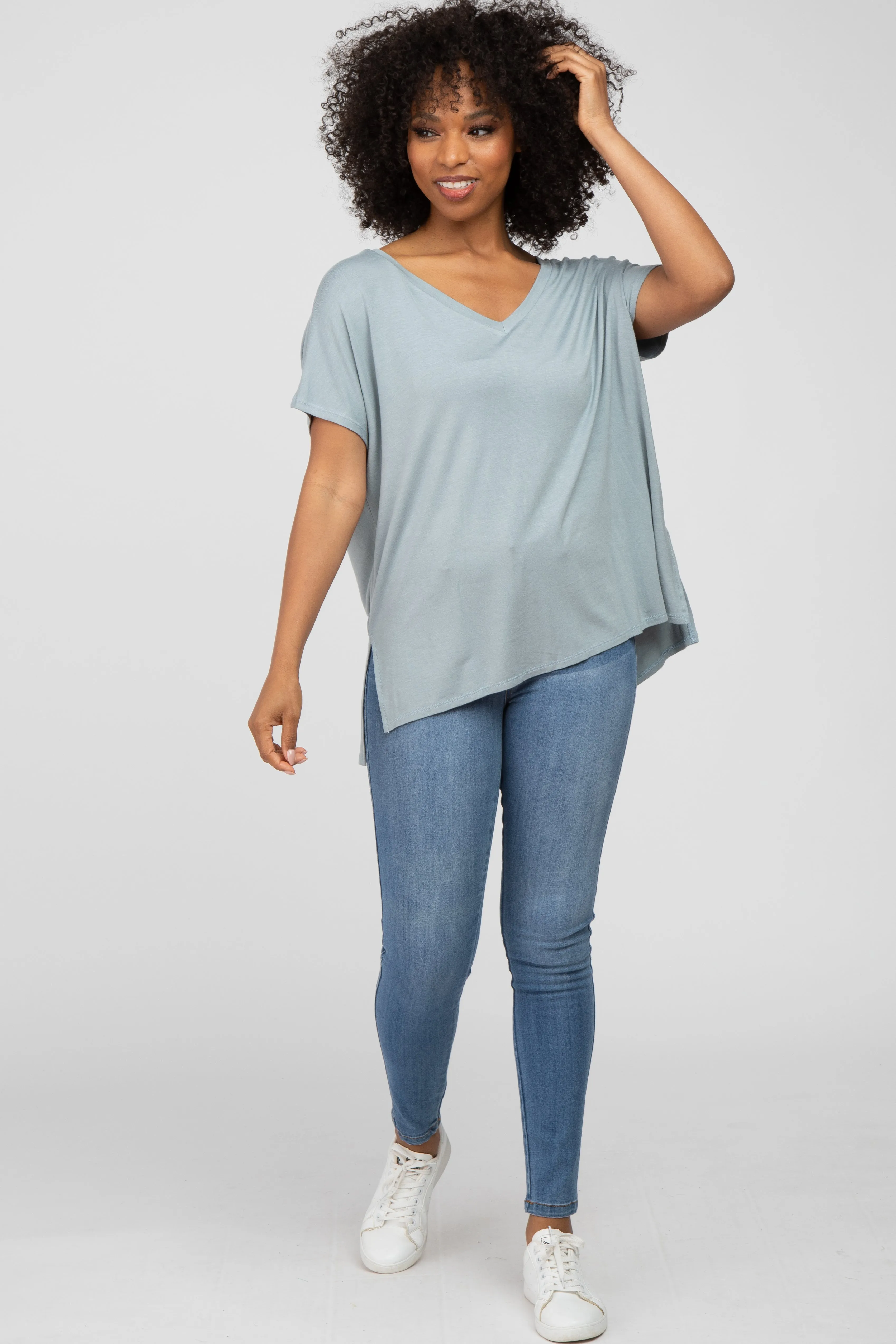 Blue V-Neck Oversized Short Sleeve Top