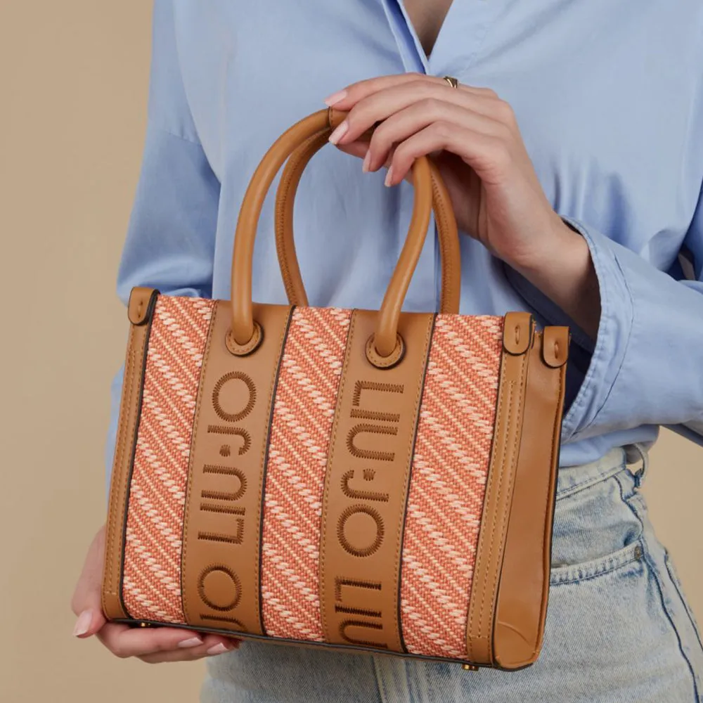 Borsa Donna a Mano LIU JO in Rafia con Logo Ricamato color Cuoio e Rosa