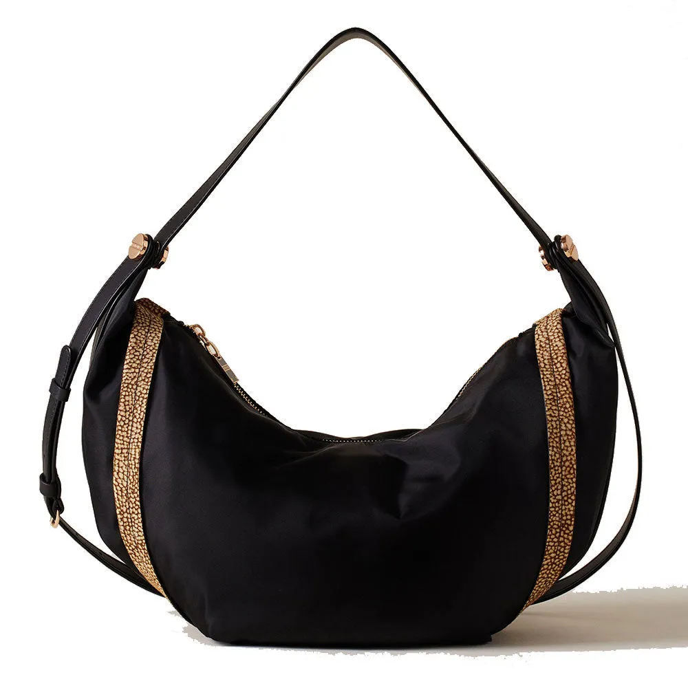 Borsa Donna Hobo Bag BORBONESE linea New Orbit Medium in Tessuto Nero e Camoscio Op Naturale