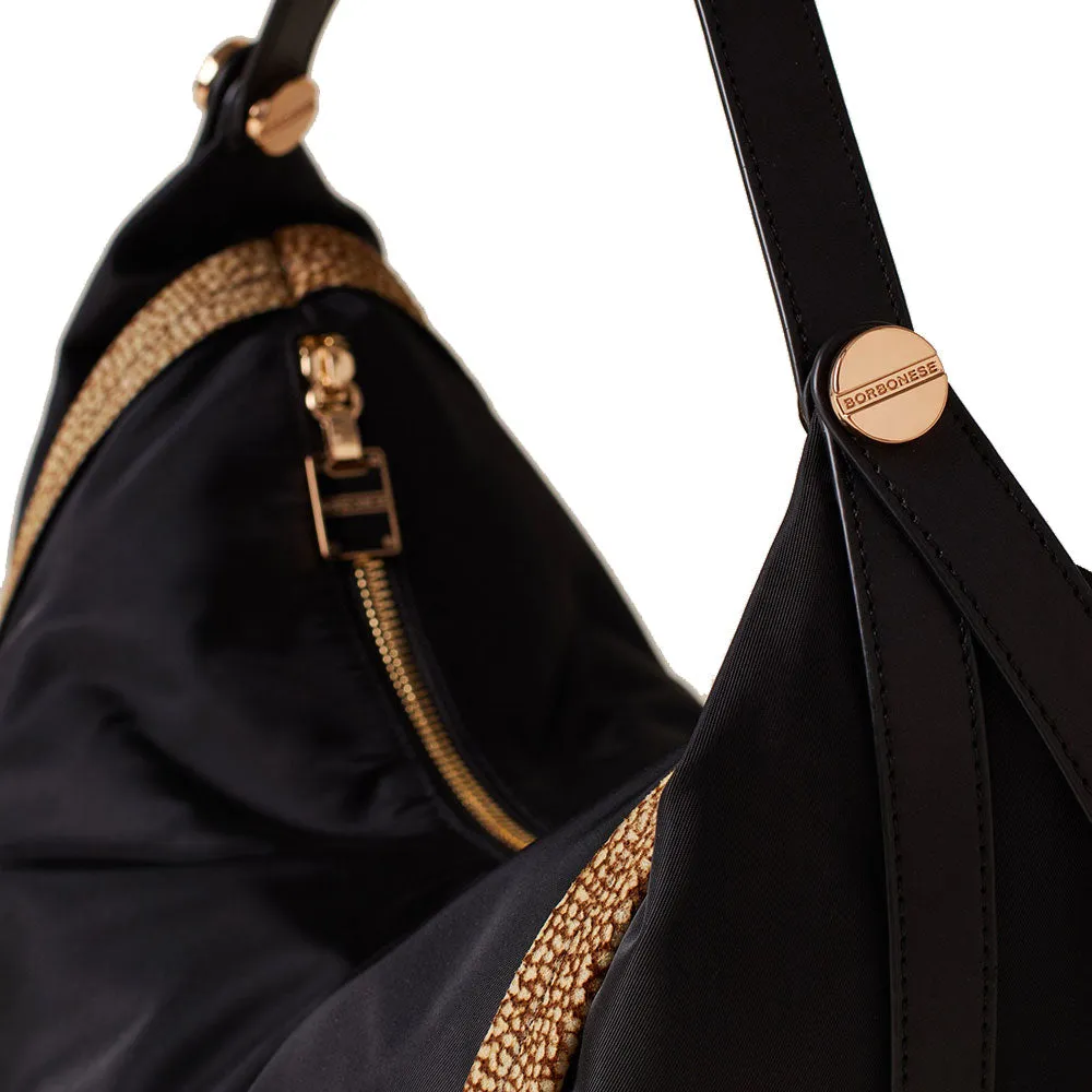 Borsa Donna Hobo Bag BORBONESE linea New Orbit Medium in Tessuto Nero e Camoscio Op Naturale