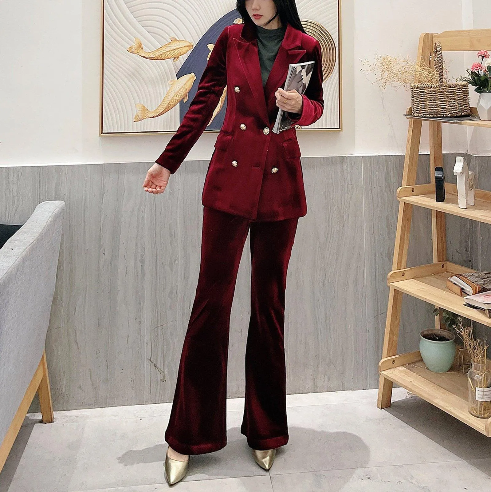 Chris Velvet Double Breasted Blazer & Flare Pants Suit Set