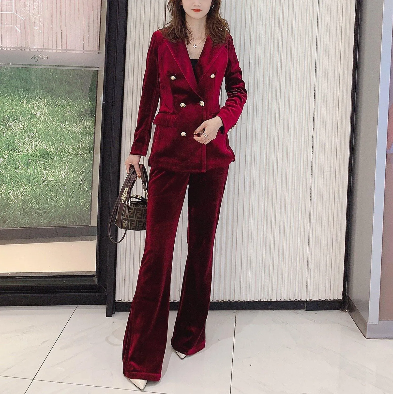 Chris Velvet Double Breasted Blazer & Flare Pants Suit Set