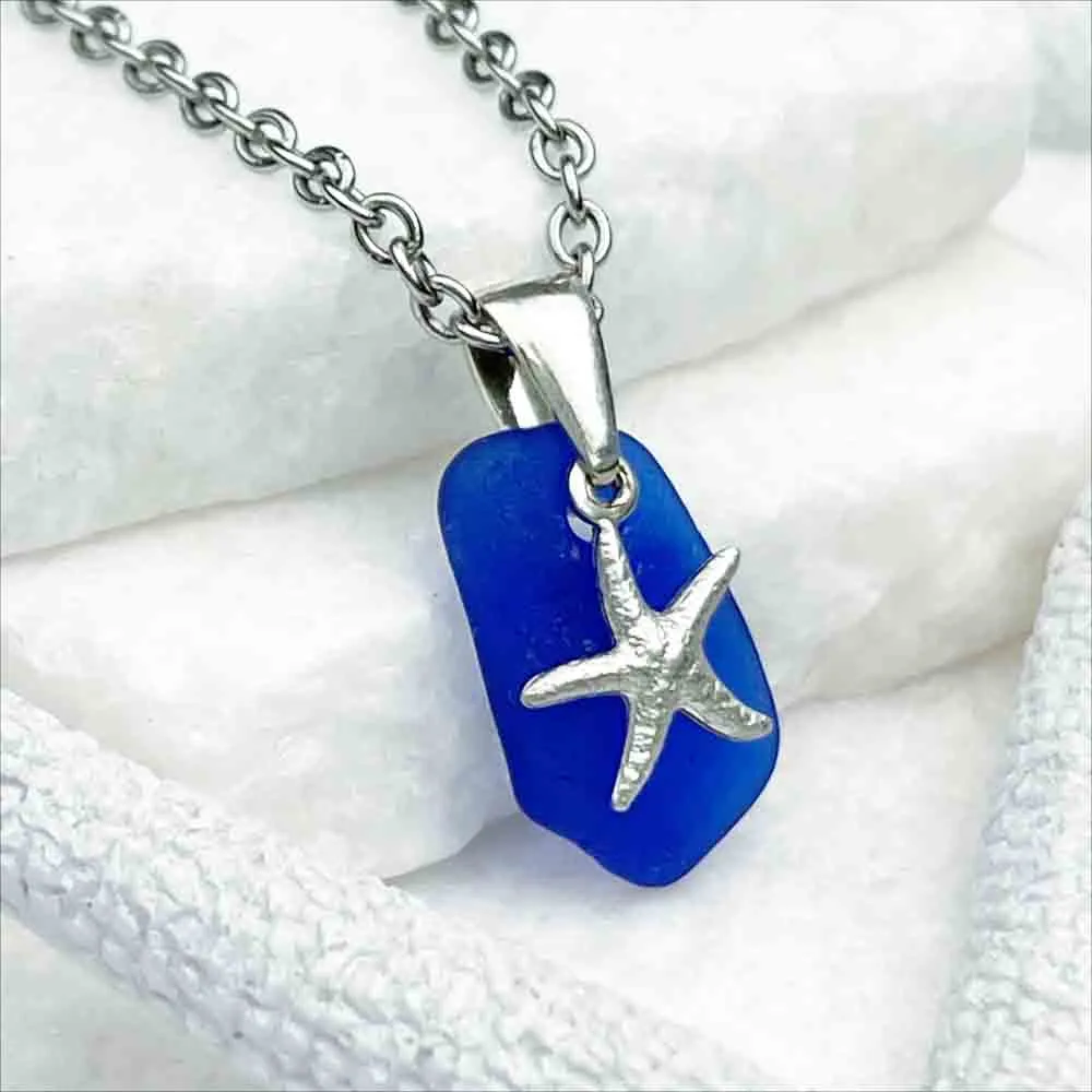 Cobalt Blue Geometric Sea Glass Pendant with Starfish Charm | 5221