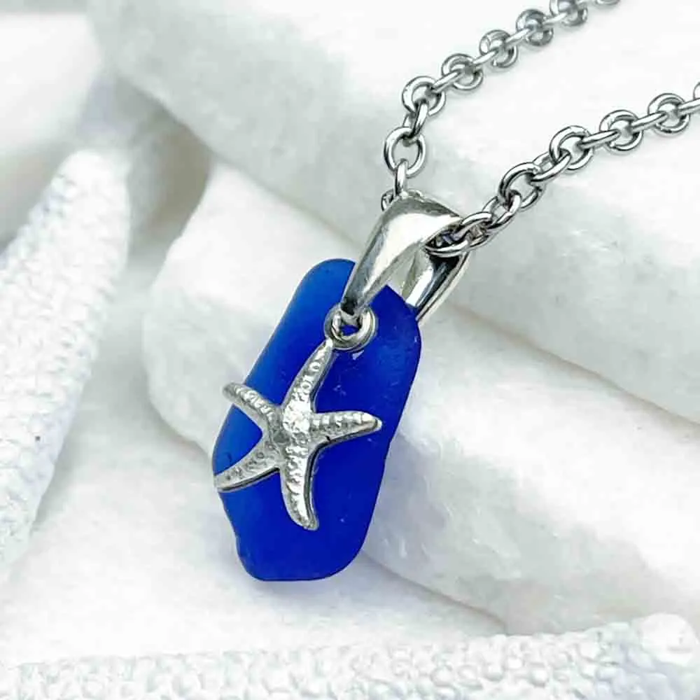 Cobalt Blue Geometric Sea Glass Pendant with Starfish Charm | 5221