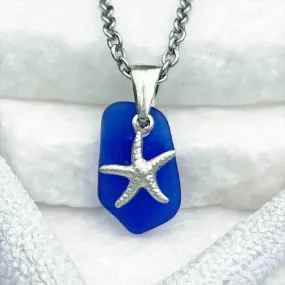 Cobalt Blue Geometric Sea Glass Pendant with Starfish Charm | 5221