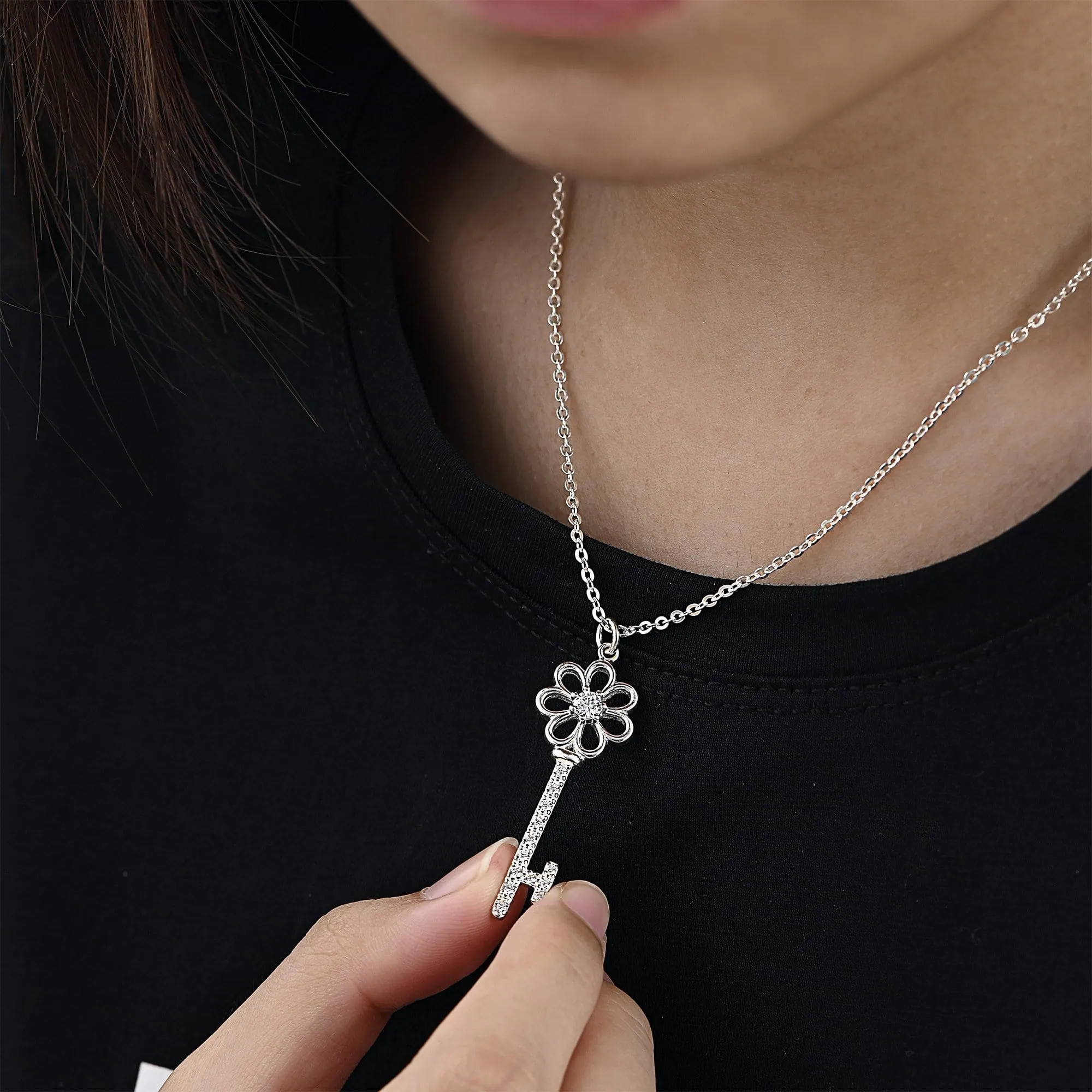 CZ Flower Key Sterling Silver Pendant