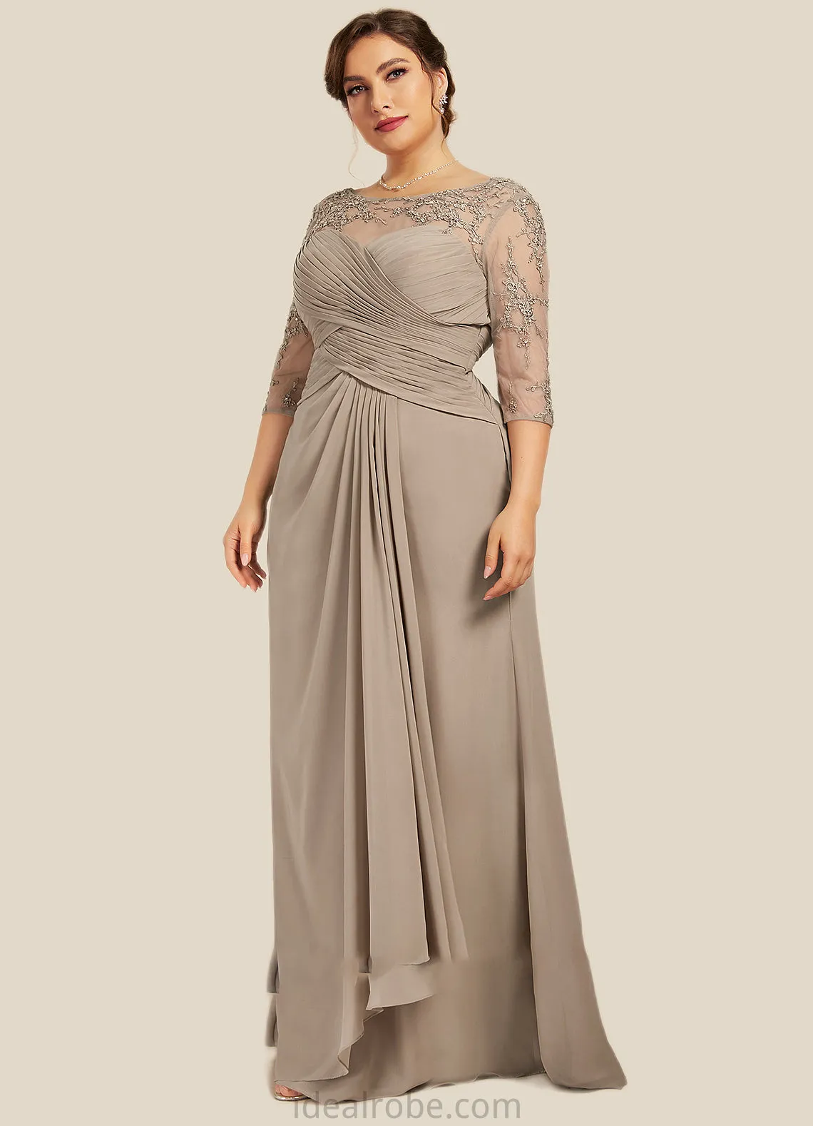 Evie A-Line Scoop Neck Floor-Length Chiffon Lace Mother of the Bride Dress With Beading Sequins Cascading Ruffles STK126P0014551