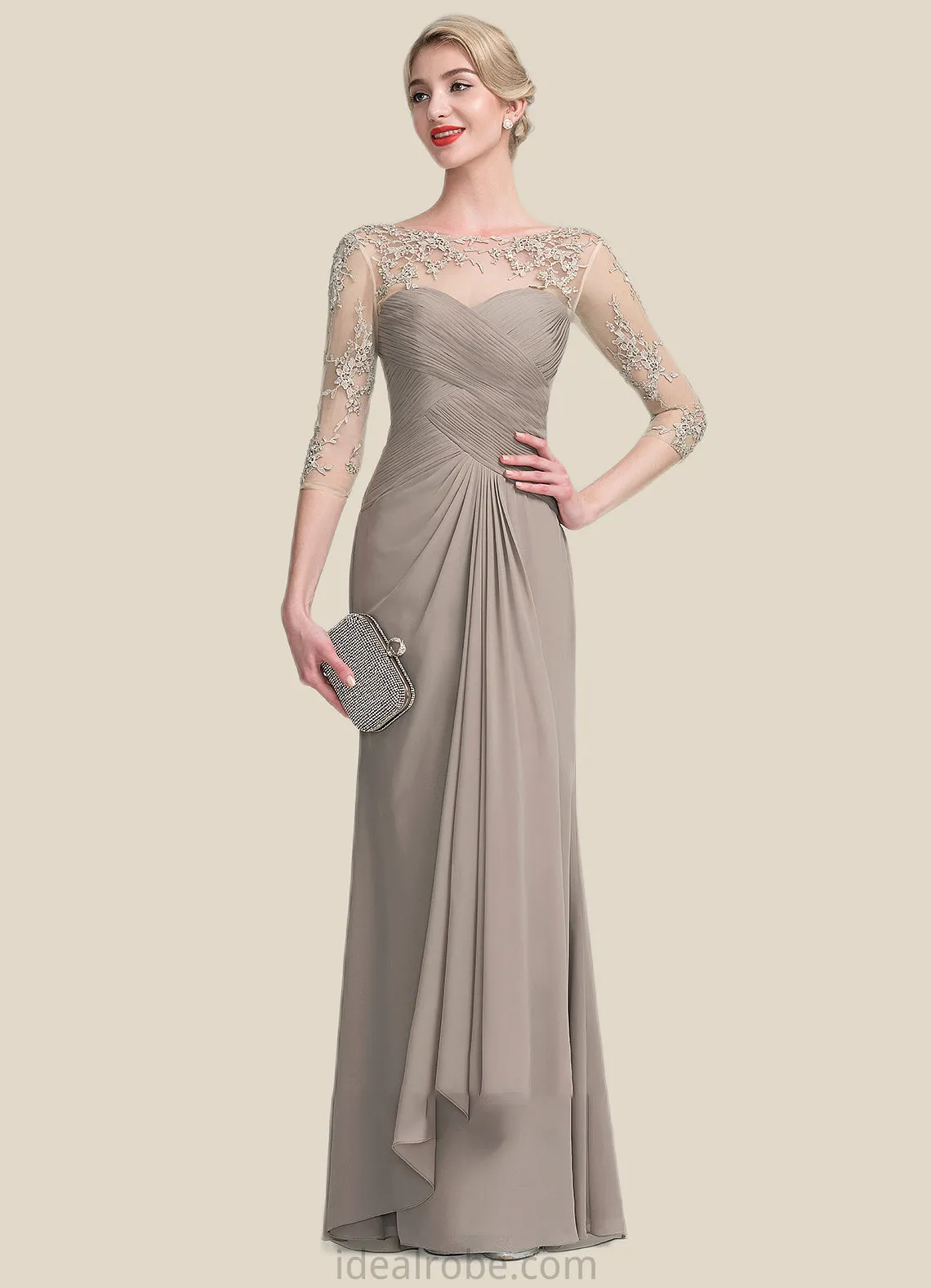 Evie A-Line Scoop Neck Floor-Length Chiffon Lace Mother of the Bride Dress With Beading Sequins Cascading Ruffles STK126P0014551