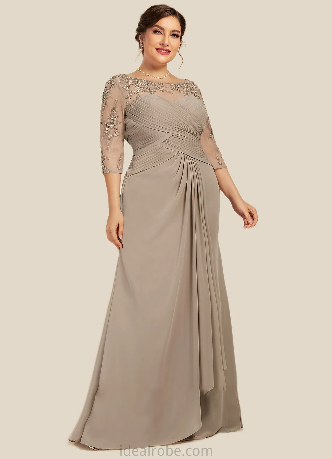 Evie A-Line Scoop Neck Floor-Length Chiffon Lace Mother of the Bride Dress With Beading Sequins Cascading Ruffles STK126P0014551