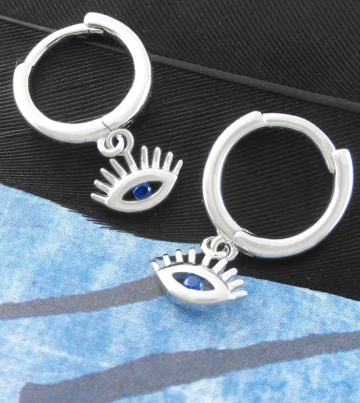 Evil Eye With Blue Crystals Hoop Earrings