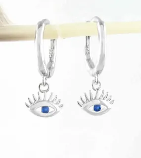 Evil Eye With Blue Crystals Hoop Earrings