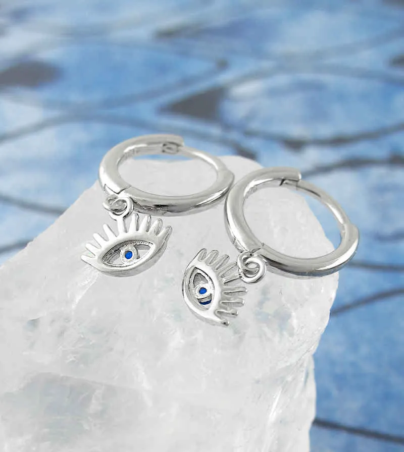 Evil Eye With Blue Crystals Hoop Earrings