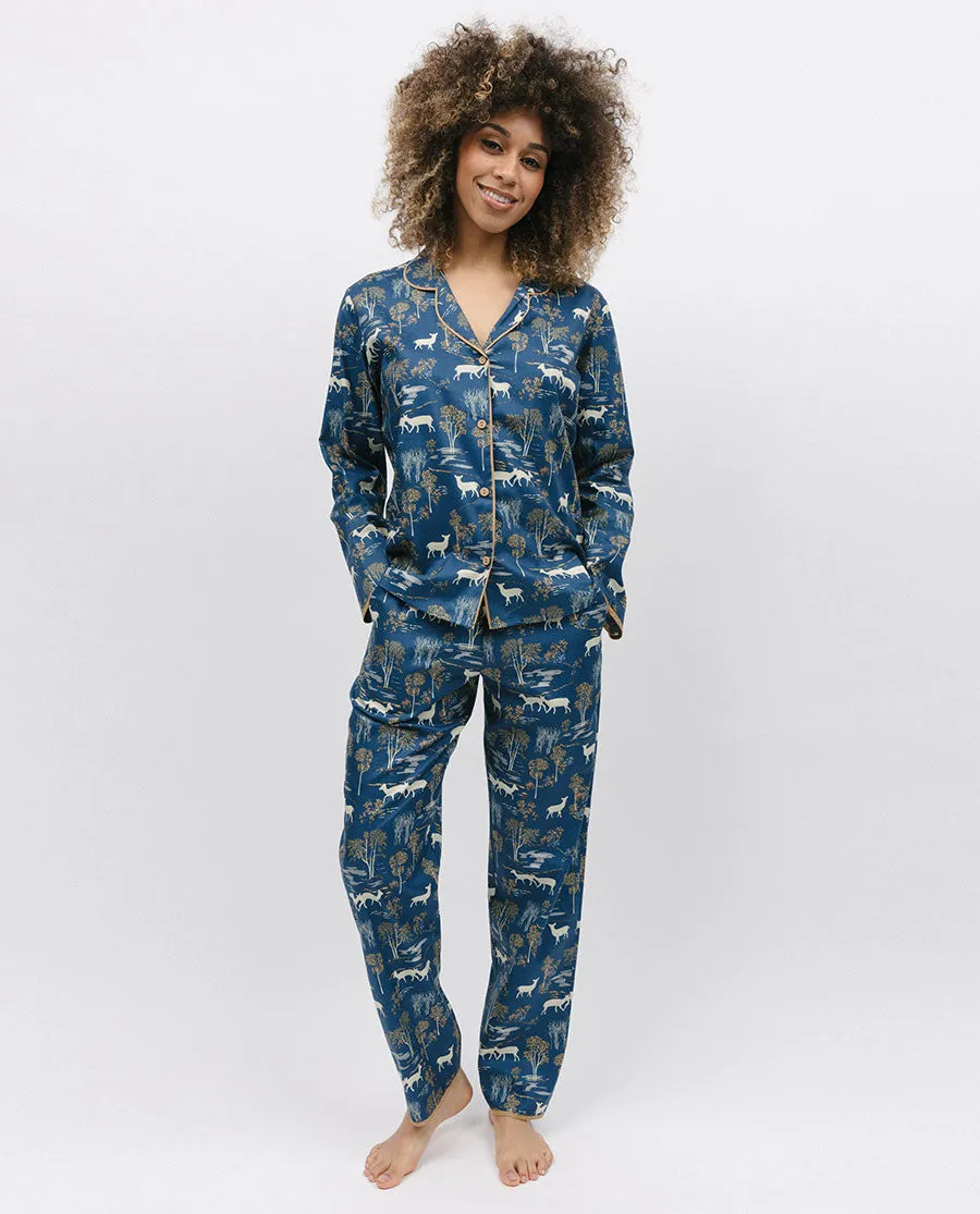 Fawn Womens Blue Mix Woodland Print Pyjama Set