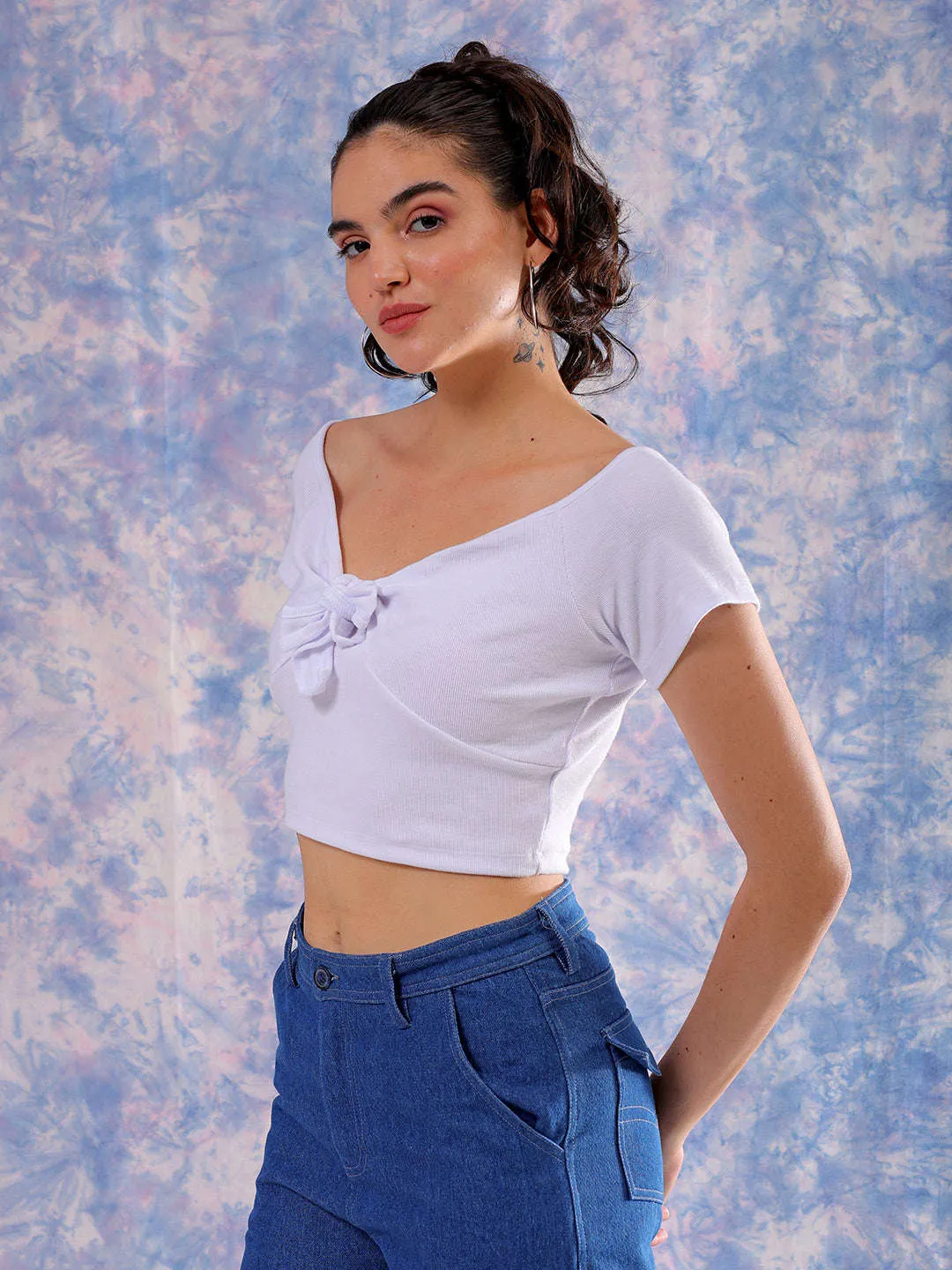 Freehand Women White Fitted Solid Sweetheart Neck Off Shoulder Top