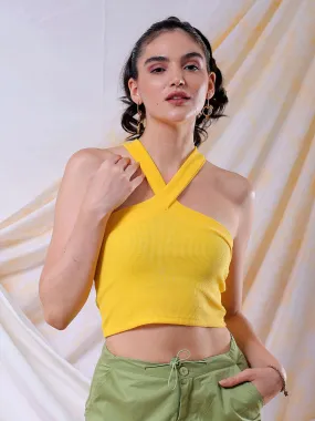 Freehand Women Yellow Fitted Solid V-Neck Crop Top