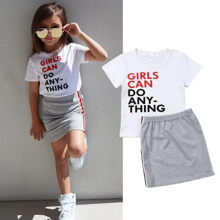 Girls' Summer Cotton T-Shirt and Striped Lace Skirt Set (Color: White, Size: 130cm)