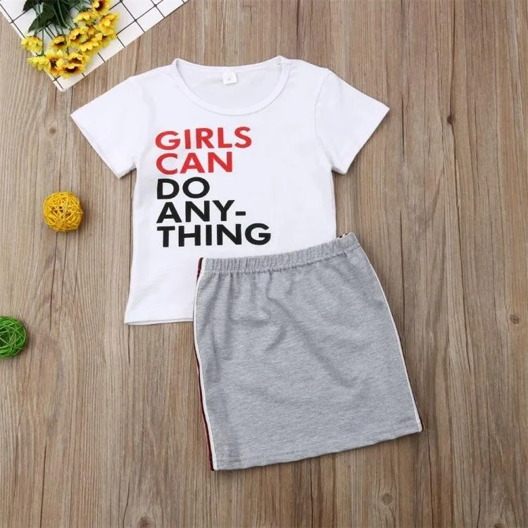 Girls' Summer Cotton T-Shirt and Striped Lace Skirt Set (Color: White, Size: 130cm)