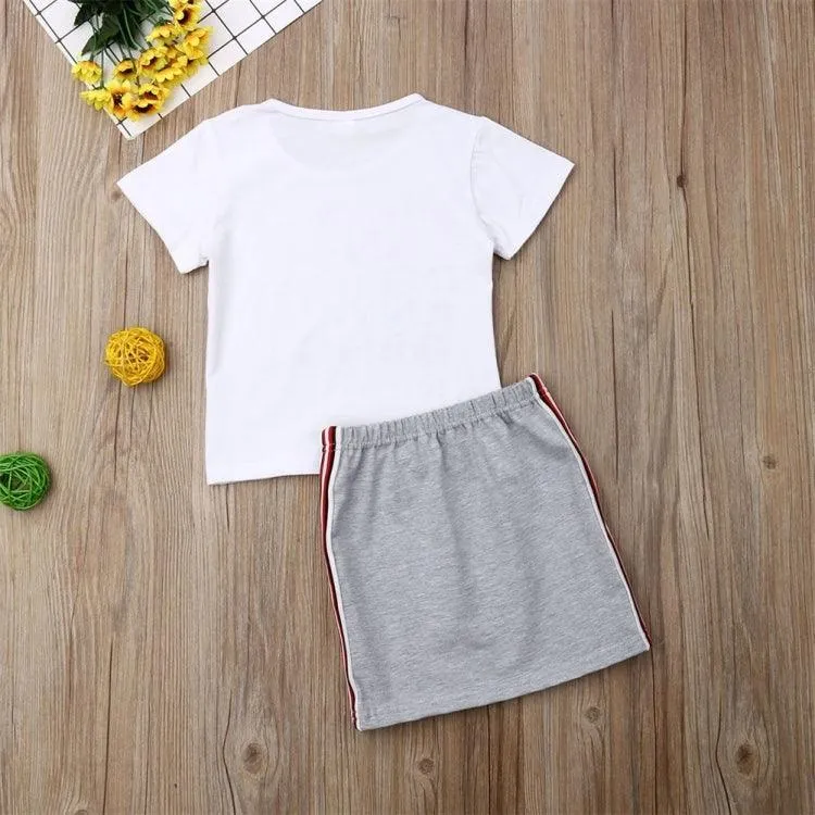 Girls' Summer Cotton T-Shirt and Striped Lace Skirt Set (Color: White, Size: 130cm)