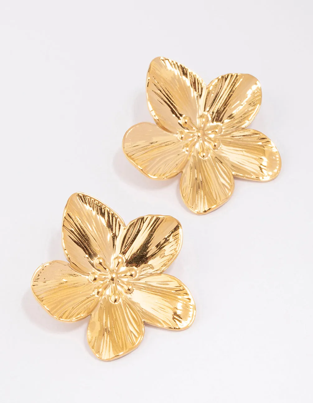 Gold Plated Stainless Steel Textured Flower Stud Earrings