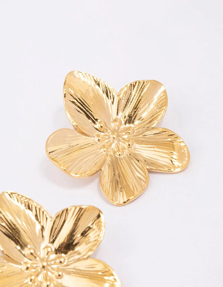 Gold Plated Stainless Steel Textured Flower Stud Earrings