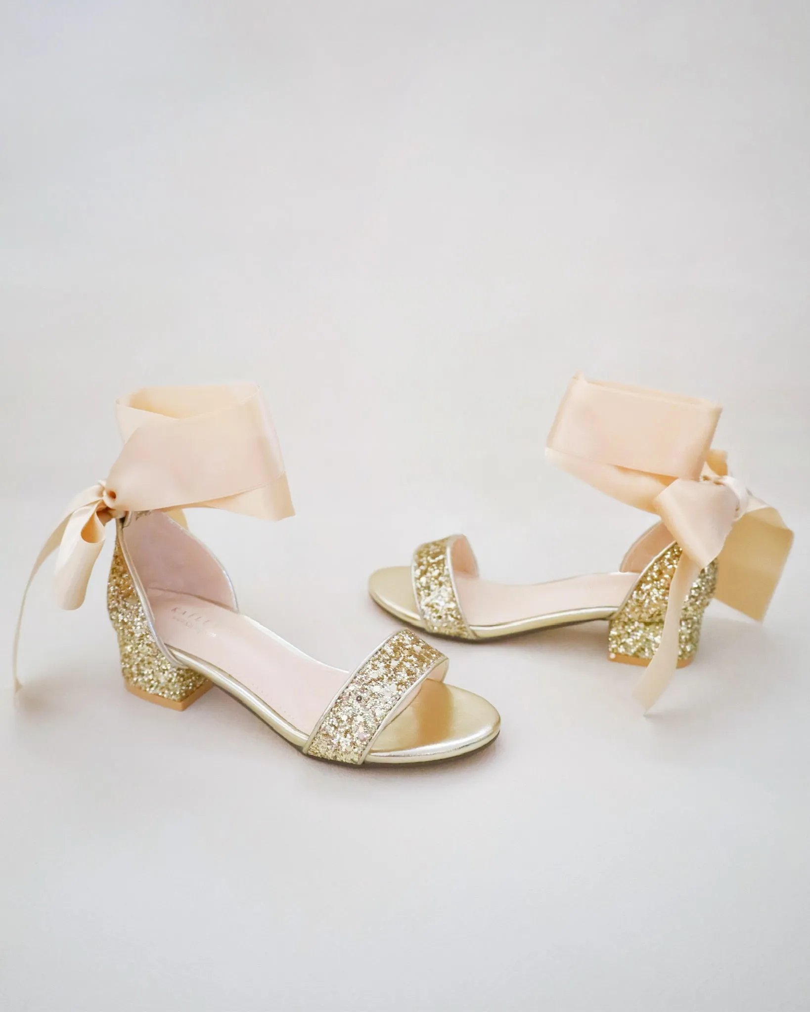 Gold Rock Glitter Low Block Heel Girls Sandals with Wrapped Satin Tie