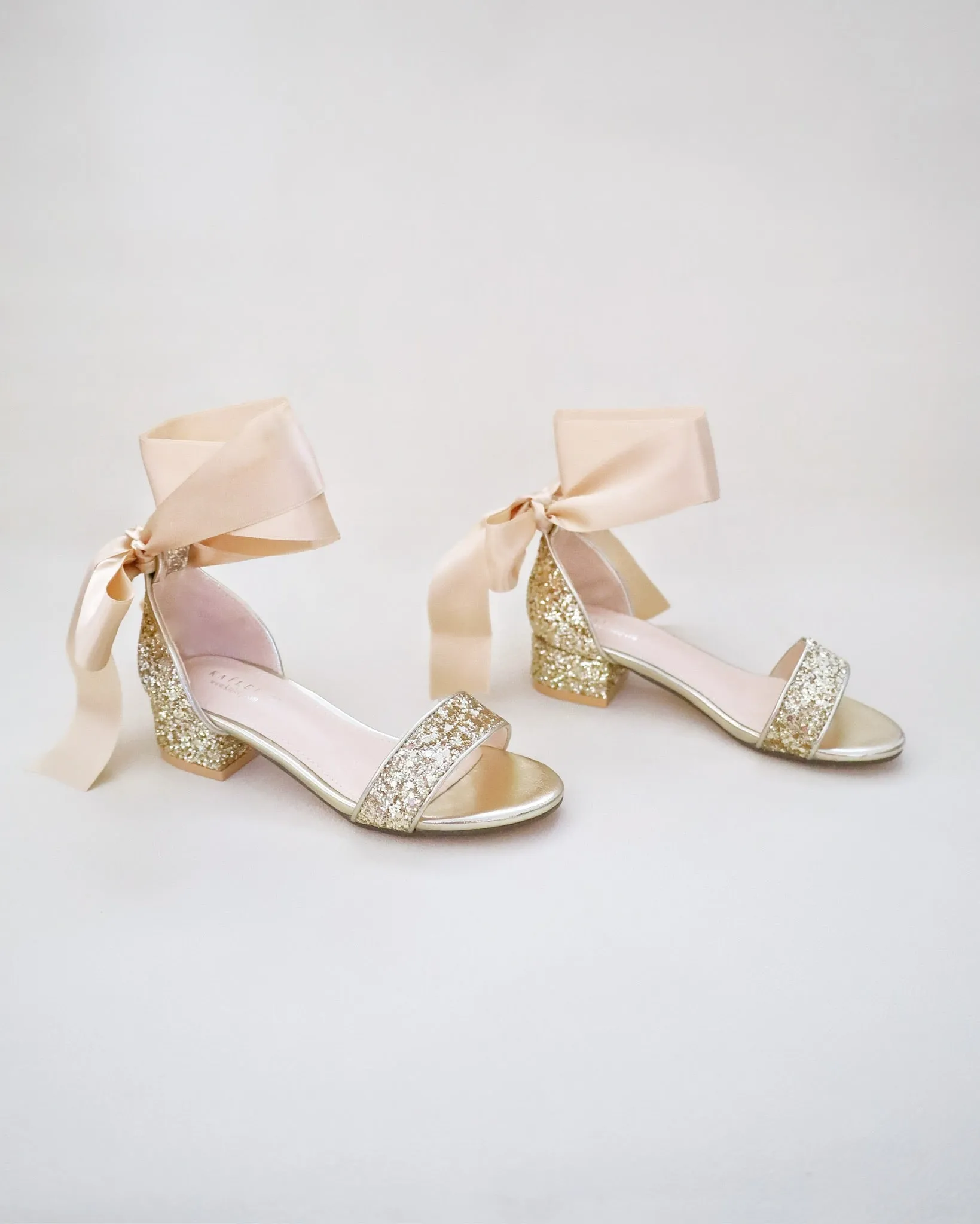 Gold Rock Glitter Low Block Heel Girls Sandals with Wrapped Satin Tie