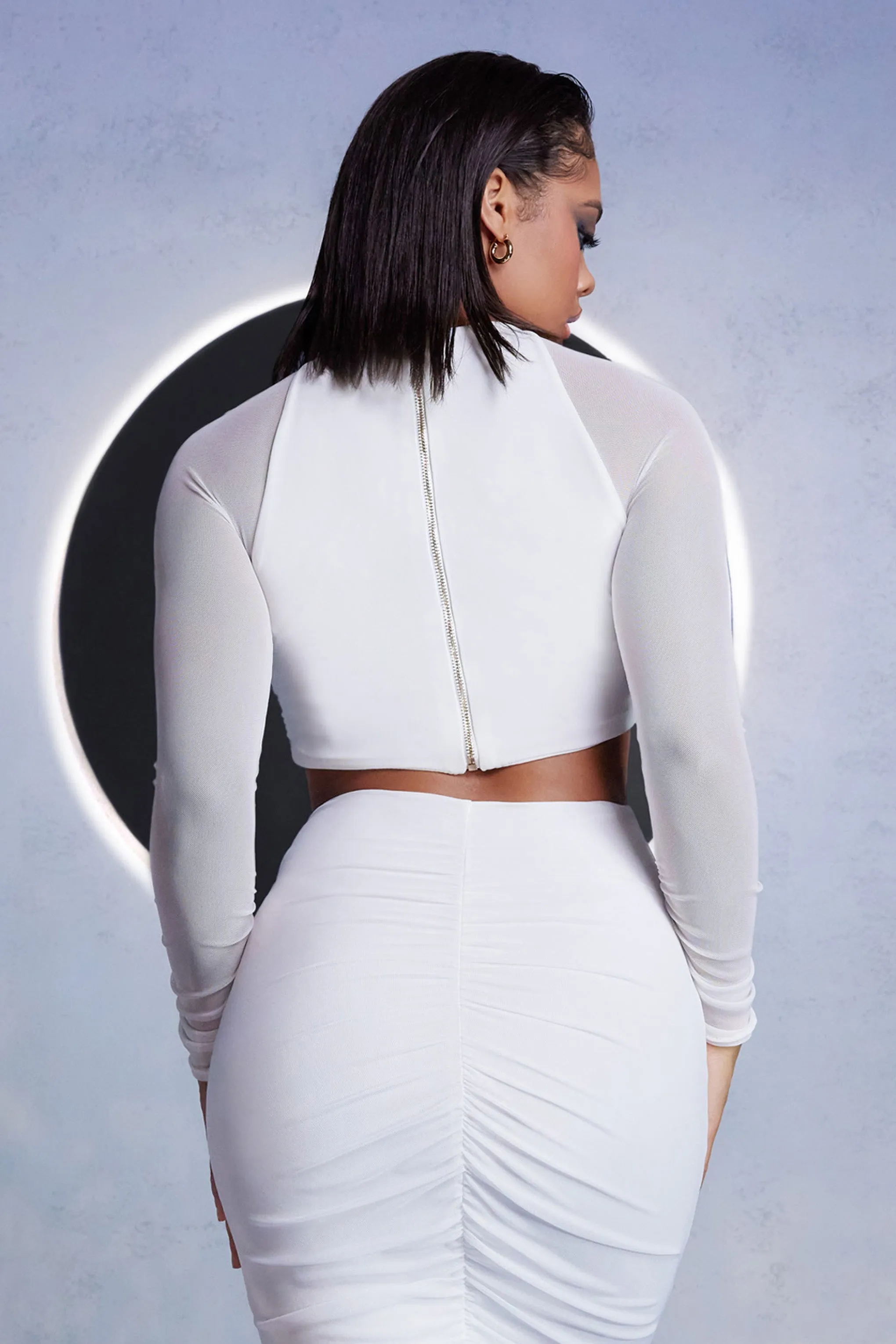 High Stakes | White Mesh High Neck Ruched Detail Crop Top With Long Sleeves