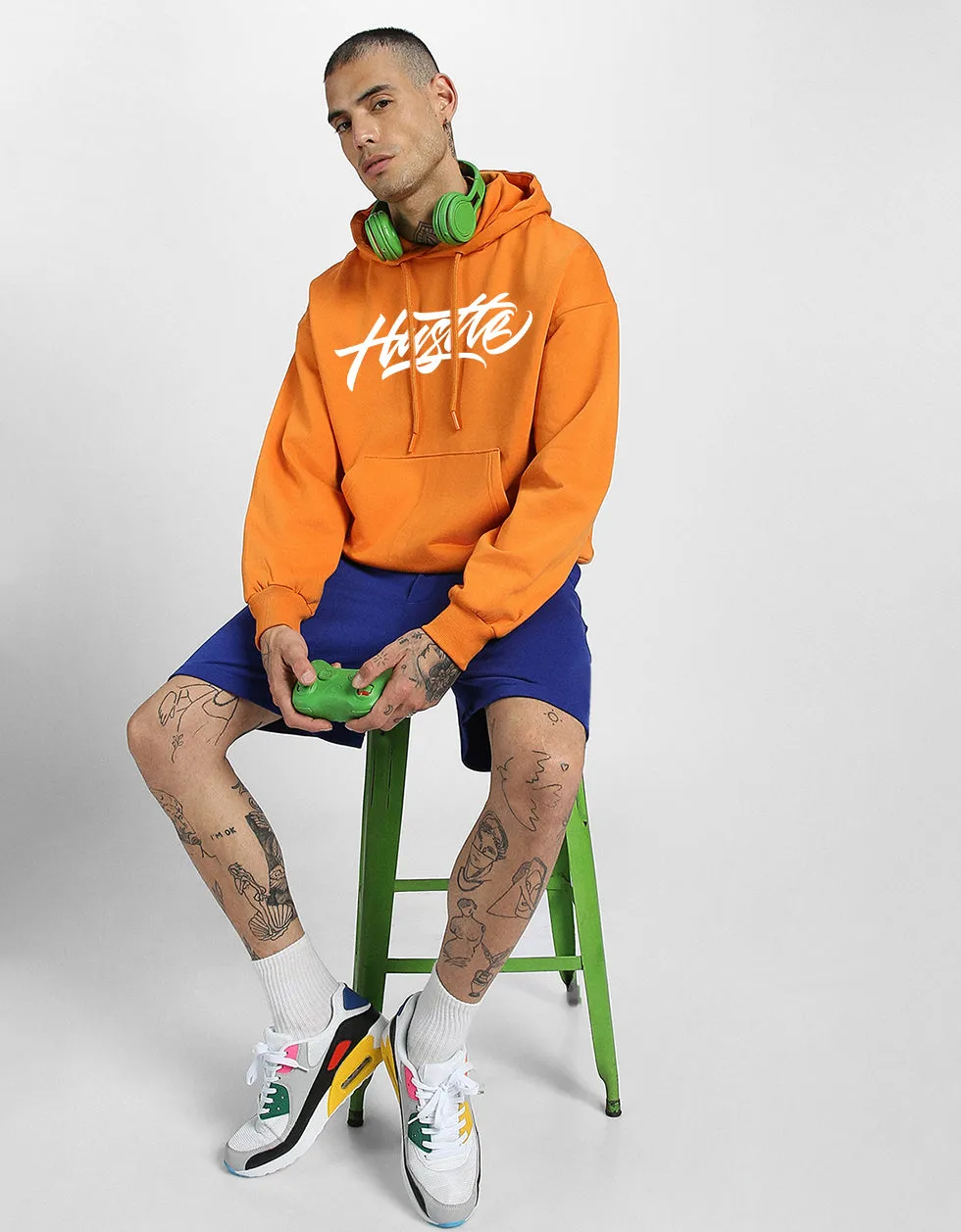 Hustle Orange Oversized Back Graphic Printed Hoodie