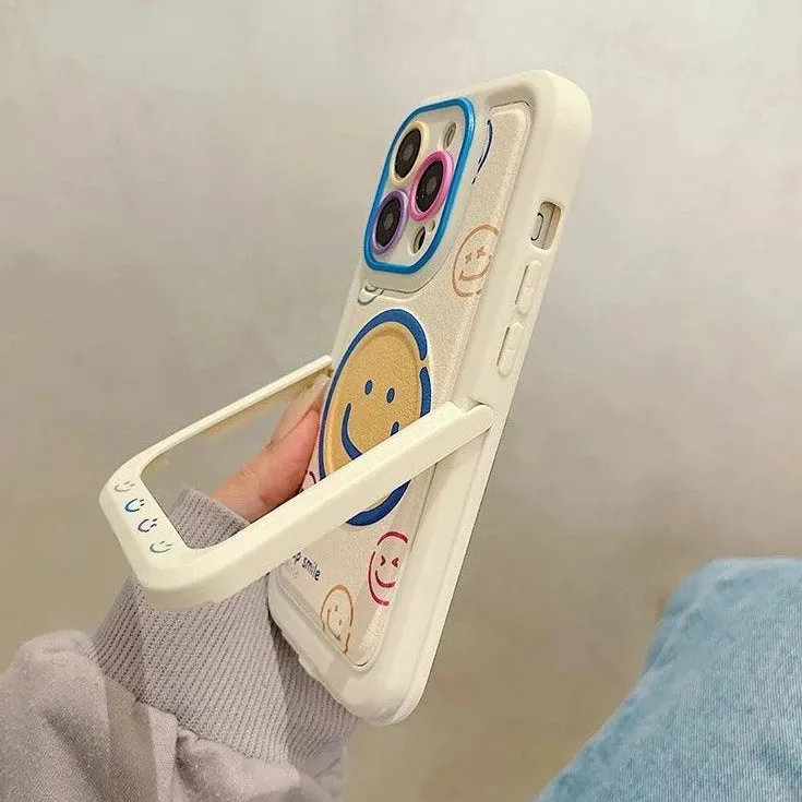 Invisible Bracket Cartoon Smile Leather Cute Phone Case for iPhone 11-15 Pro Max Plus