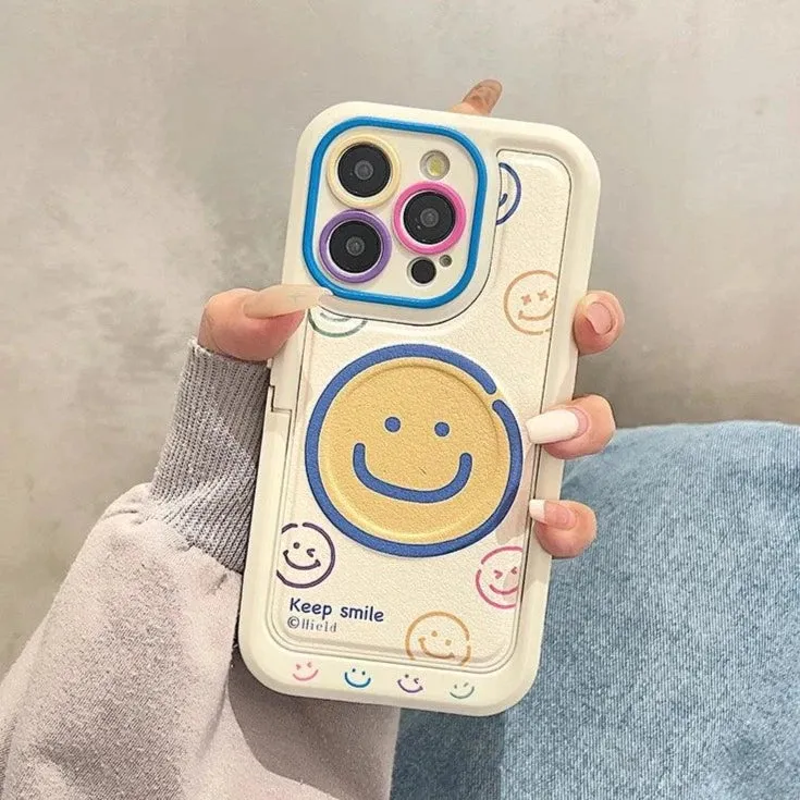 Invisible Bracket Cartoon Smile Leather Cute Phone Case for iPhone 11-15 Pro Max Plus