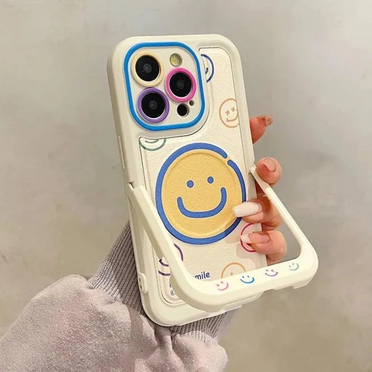 Invisible Bracket Cartoon Smile Leather Cute Phone Case for iPhone 11-15 Pro Max Plus